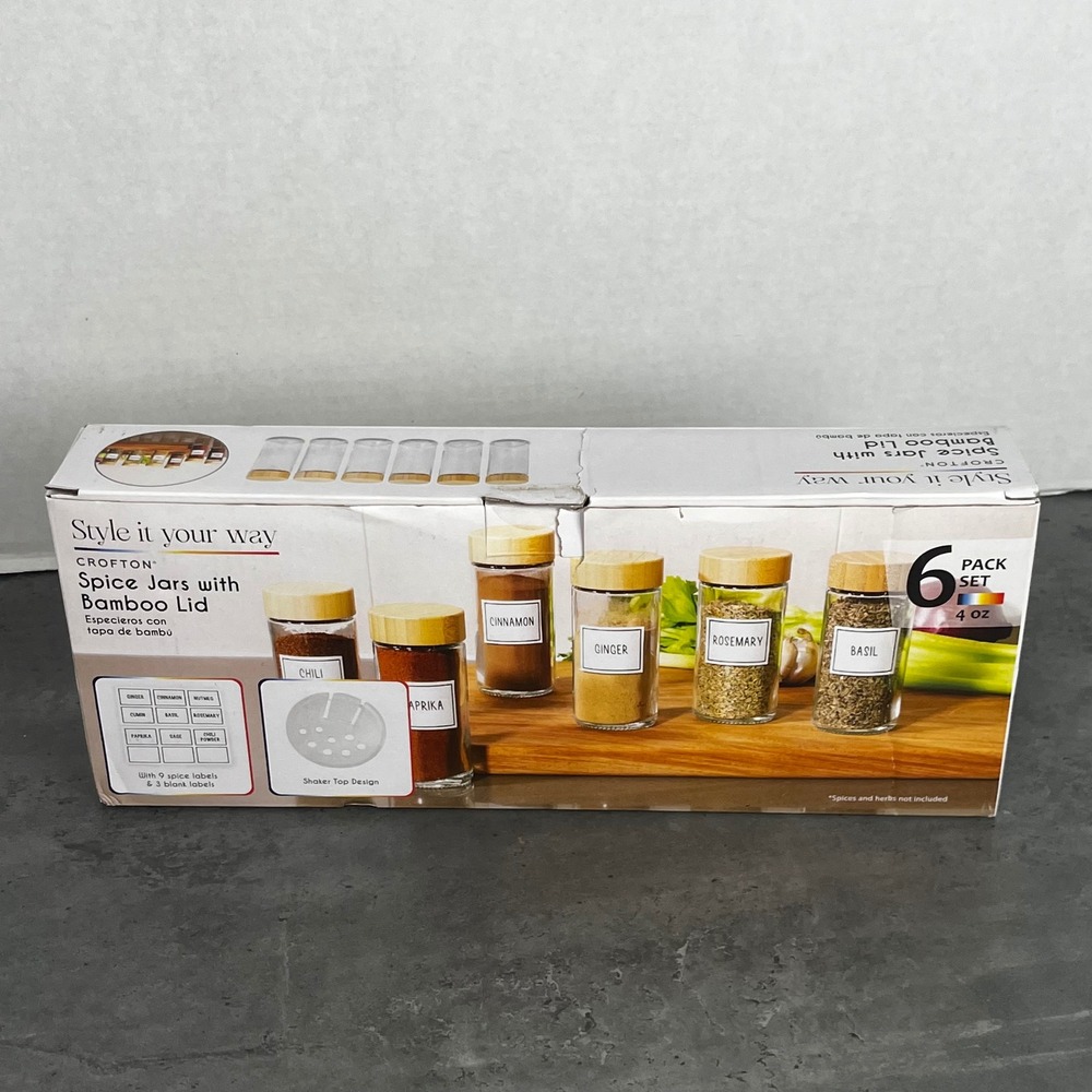 NEW Crofton 6 Pack Spice Jars w/ Bamboo Lids 4oz Glass Shaker Bottles‎ w/ Labels